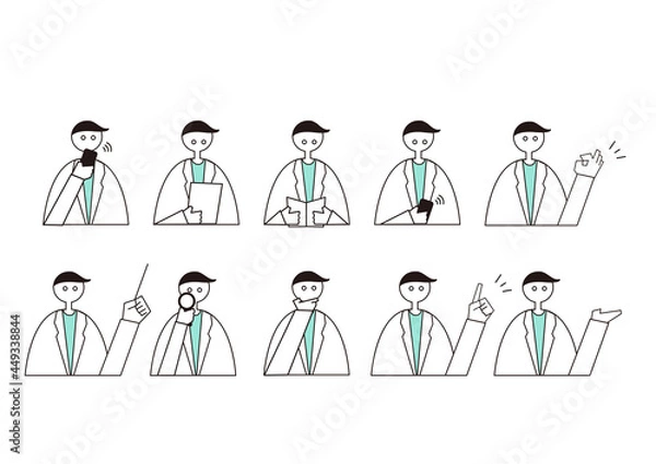 Obraz ピクトグラム風の白衣の男性(医者)の動作色々セット