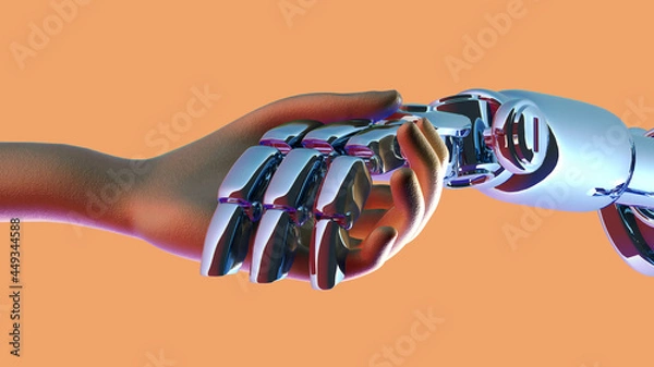 Obraz 3D rendering ,Human hand get help by robot hand on orange background , future lifestyle concept.