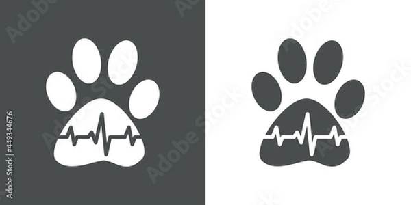 Fototapeta Asistencia sanitaria para mascotas. Logotipo lineal zarpa de gato con pulso cardíaco en fondo gris y fondo blanco