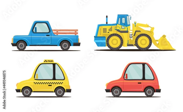 Fototapeta A set of machines made in a flat style. Pick-up, minivan, taxi, tractor.