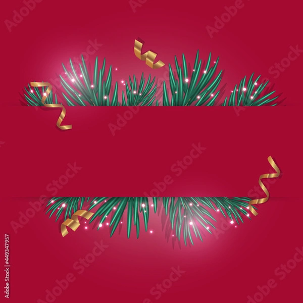 Fototapeta Christmas Background with Space for Text. Dark Red Background with Green Pine Branches, Golden Confetti and Festive Sparkles
