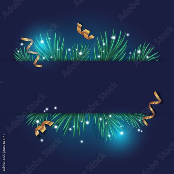 Fototapeta Christmas Background with Space for Text. Dark Blue Background with Green Pine Branches, Golden Confetti and Festive Sparkles