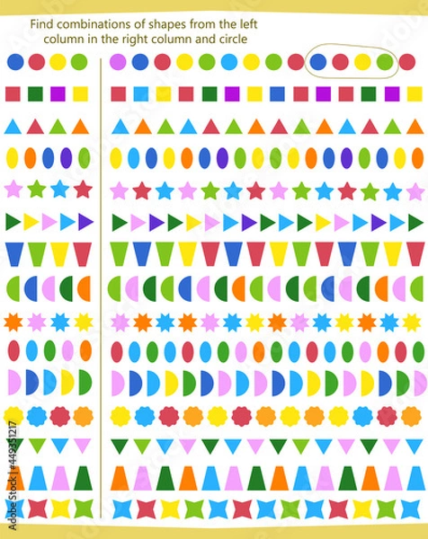 Fototapeta  A game for children. Find the sequence of shapes from the left column to the right column and circle