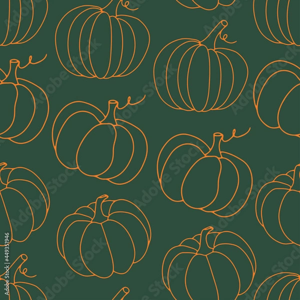 Fototapeta Beautiful pumpkin halloween thanksgiving seamless pattern, cute cartoon pumpkins hand drawn background, great for seasonal textile prints, holiday banners, backdrops or wallpapers, vector surface