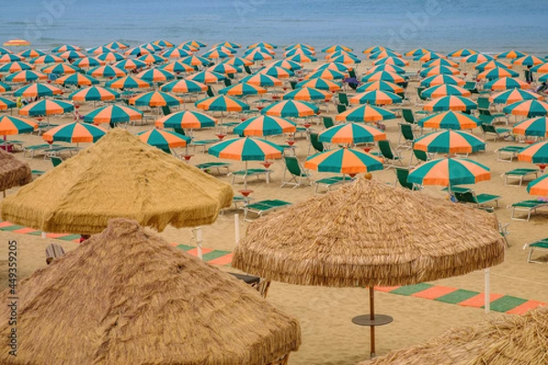 Fototapeta View of a sand beach full of colorful sun umbrellas without people during a sunny summer day 