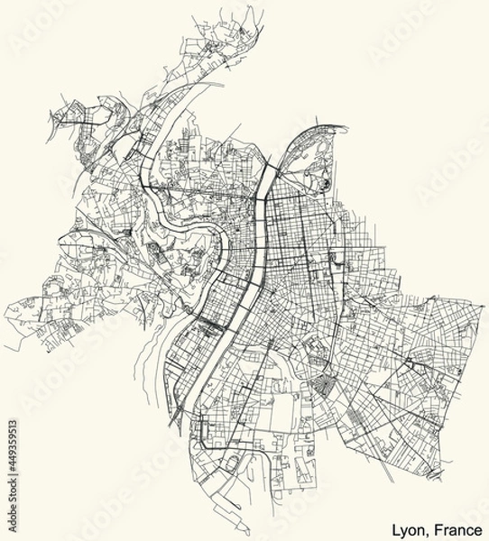 Fototapeta Black simple detailed street roads map on vintage beige background of the quarters, arrondissement and districts of Lyon, France