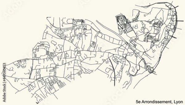 Fototapeta Black simple detailed street roads map on vintage beige background of the quarter 5th arrondissement district of Lyon, France