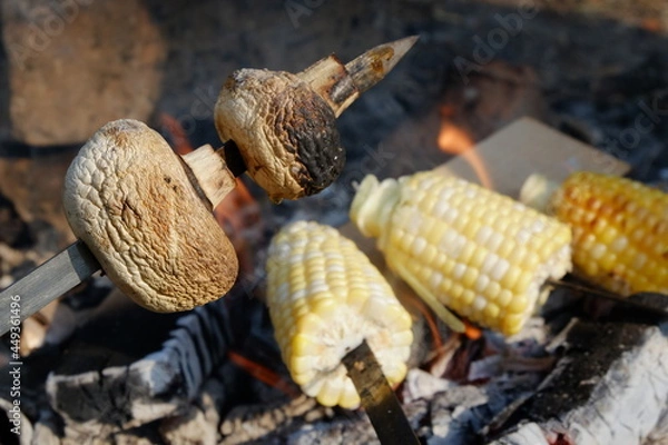 Obraz mushrooms and corn grilling in the woods close up