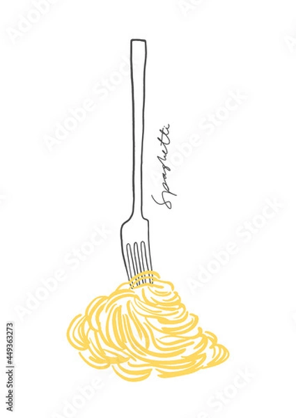 Fototapeta Spaghetti and fork line illustration. Hand drawn vector pasta on the white background