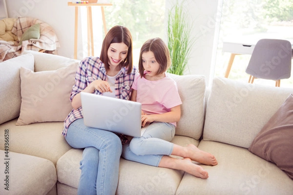 Fototapeta Portrait of two attractive cheerful girls sitting on divan using laptop having fun watching video at home flat indoors