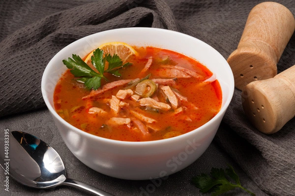 Obraz traditional Russian soup solyanka in a white bowl