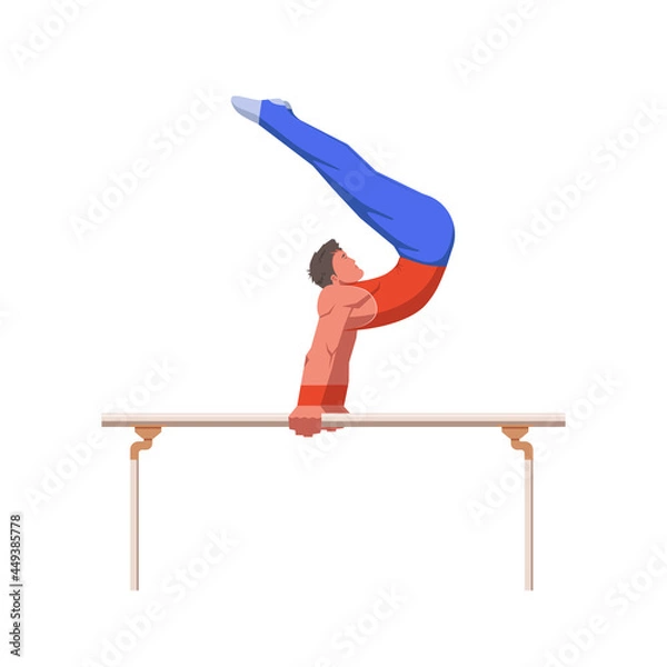 Fototapeta A gymnast with an athletic physique performs on Parallel bars, athlete shows static hold skill with his hands. Vector flat design illustration. Individual all-around preflight competition scene.