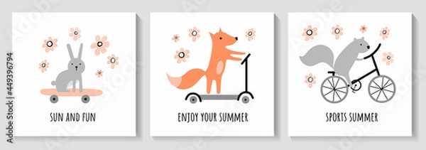 Fototapeta A set of cute summer cards. Cute rabbit, squirrel, fox