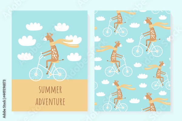 Fototapeta A set of cute summer cards. Giraffee