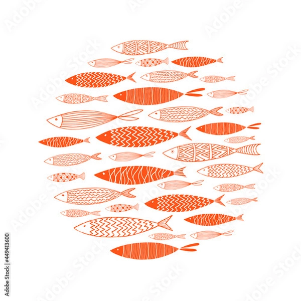 Fototapeta Round pattern with orange fish on a white background