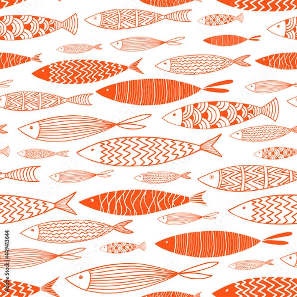 Fototapeta Seamless pattern with orange fishes on a white background