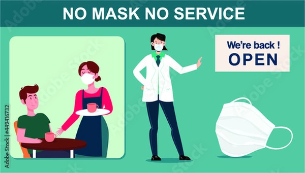 Fototapeta No mask no service. A male waiter and a female waitress in a face mask hold a tray in his hand. Restaurant customers service The threat of a pandemic COVID-19.