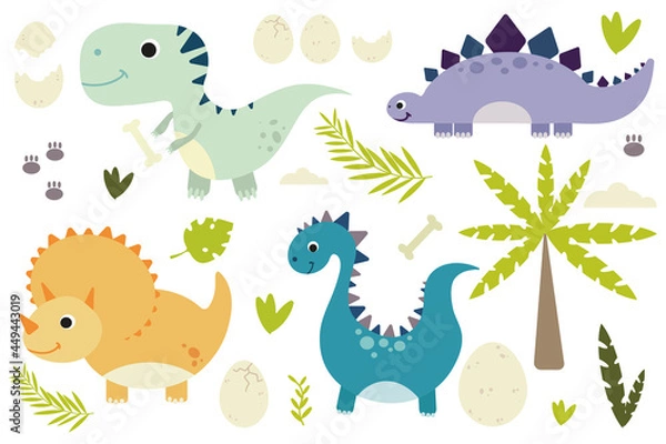 Fototapeta Set of cute dinosaurs with tropical leaves and palm, clouds and egg.Children's funny characters.Flat vector graphics