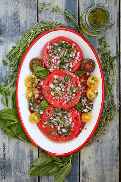 Obraz basil onion tomato marinade