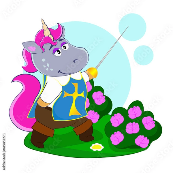Fototapeta Unicorn dressed as a musketeer with a sword