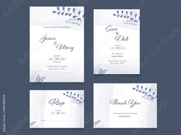 Fototapeta Wedding Invitation Suite Decorated With Leaves On Slate Gray Background.
