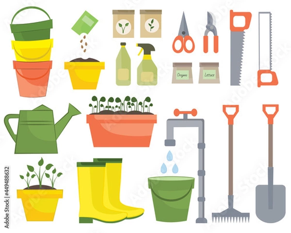 Fototapeta Garden tools isolated on white background. Spring farming icons. Set of gardening elements in hand drawn style. Various agricultural and garden equipment for farming, garden tool vector gardening.