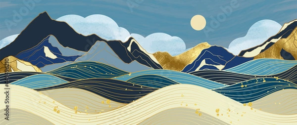 Fototapeta Gold mountain wallpaper design with landscape line arts, Golden luxury background design for cover, invitation background, packaging design, wall arts, fabric, and print. Vector illustration.