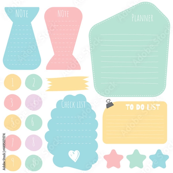 Fototapeta Sticky note set. Cute paper notes. Stationary set. Scrapbook notes and cards.Printable planner stickers. To Do List note. Template for your message. Decorative planning element. Vector illustration.