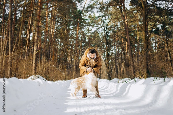 Fototapeta A man plays with a dog in the winter forest.