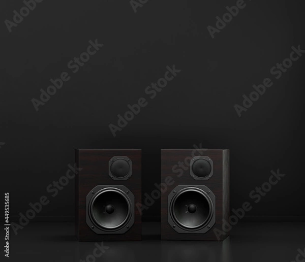 Fototapeta Music instriument, professional speakers on the floor in a dark studio, 3d rendering