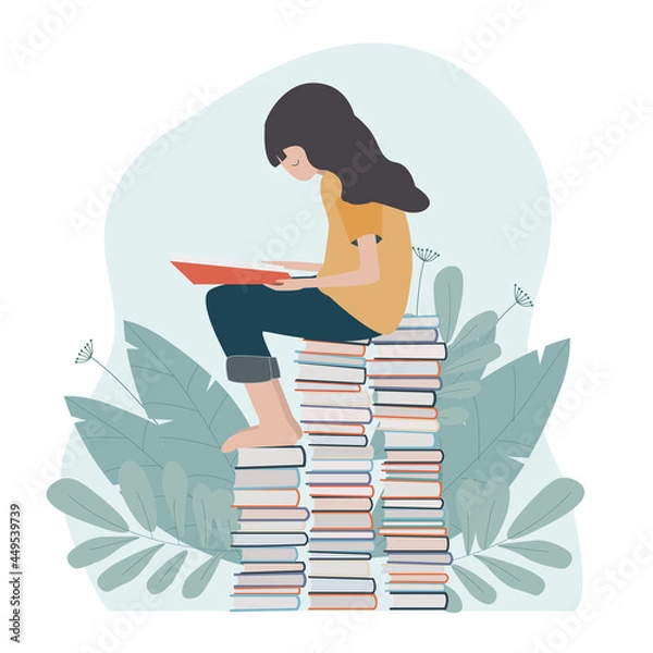 Obraz The girl is reading a book. Student, schoolgirl, back to school, start of a new school year, study. Flat illustration.