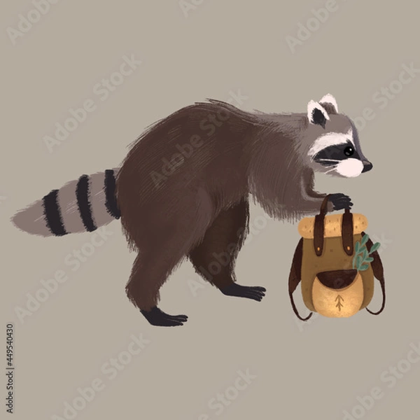 Obraz Racoon carrying backpack running isolated