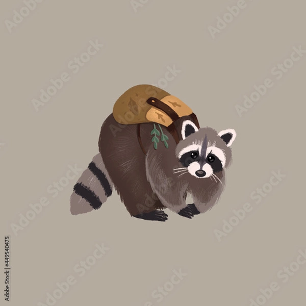 Obraz Racoon standing carrying backpack Isolated