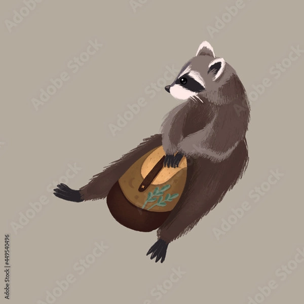 Fototapeta Raccoon sitting with a backpack isolated 