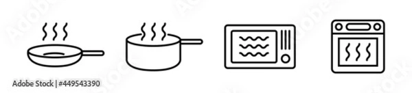 Obraz Cooking mode black icons vector set. Isolated Pan, Microwave, Stove, Oven symbols on white background. Food packaging cooking time line signs. Vector flat design illustration.