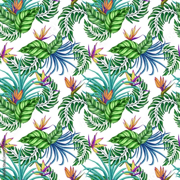 Fototapeta Seamless pattern of tropical exotic leaves and flowers. Repeating pattern isolated background perfect for textile, fabric and etc