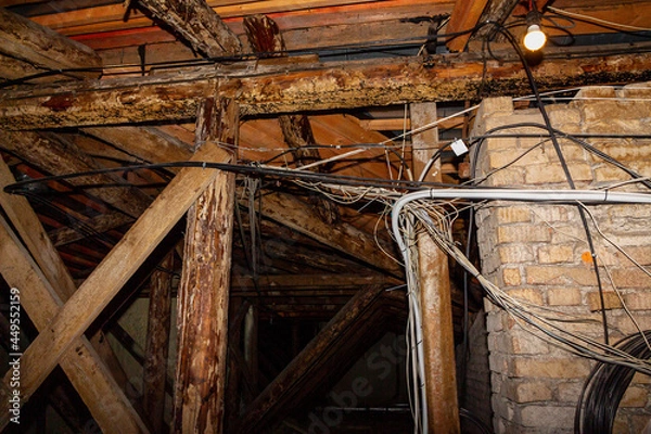Fototapeta Old attic with many wires