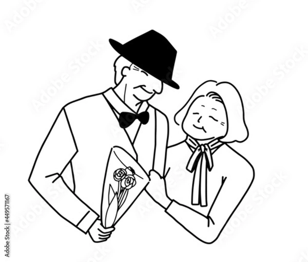 Obraz 花束を妻に贈る夫　仲良しの老夫婦
