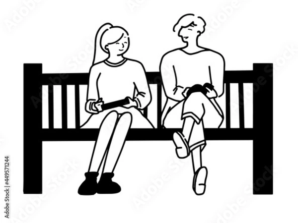 Obraz ベンチに座りながら談笑しているカップル