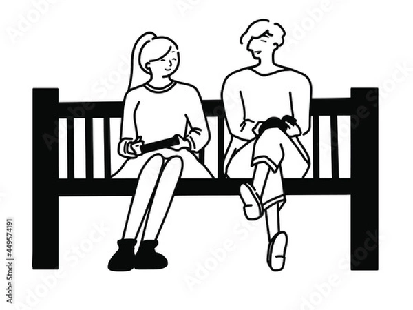 Fototapeta ベンチに座って談笑しているカップル