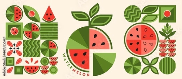 Fototapeta Set of watermelon elements and logo in simple geometric forms. Abstract shapes. Good for decoration of food package, cover design, decorative print, background.