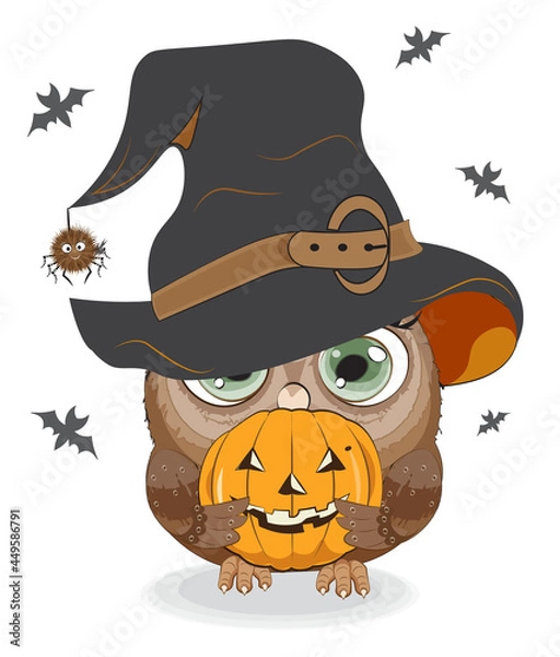 Obraz Halloween owl girl in witch hat and pumpkin