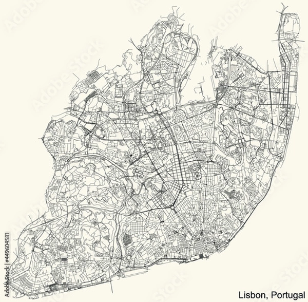 Fototapeta Black simple detailed street roads map on vintage beige background of the civil parishes, quarters and districts of Lisbon, Portugal