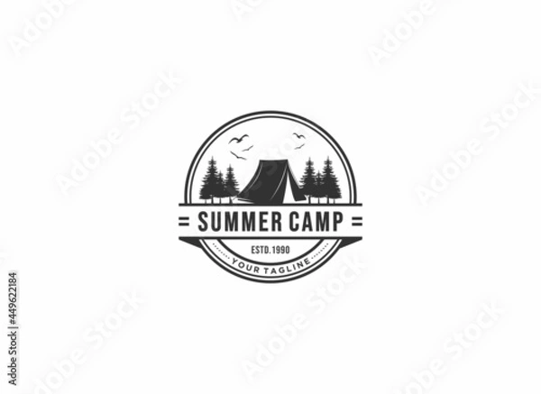Fototapeta logo camping and adventure with mountains in white background
