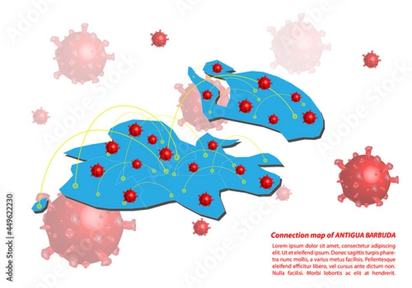 Fototapeta Vector of map connection of Antigua Barbuda with Covid-19 Virus image on it, the COVID-19 outbreak spread. the official name by WHO for 2019 Corona Virus that originally came from Wuhan, China.
