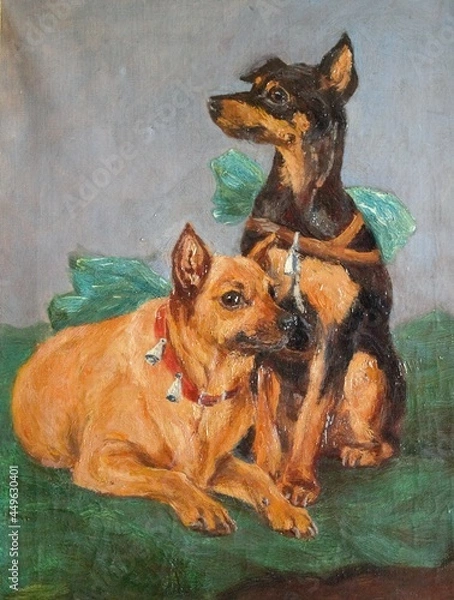 Fototapeta Oil painting of two dogs, black and tan dog wearing a harness with a green bow, a stag red dog wearing a red collar with bells and a green bow. Painting by Theodore Haas who died in 1933