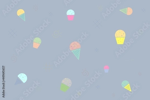 Fototapeta Ice cream images, cakes and patterns on pastel blue background.