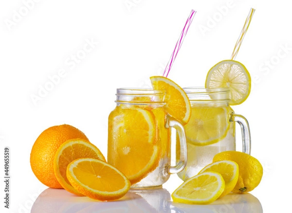 Fototapeta High resolution photo: Lemon and orange drinks with fruit slices