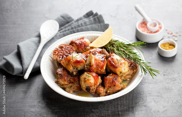 Fototapeta Roasted rabbit meat sliced with garlic, lemon and rosemary in a white plate