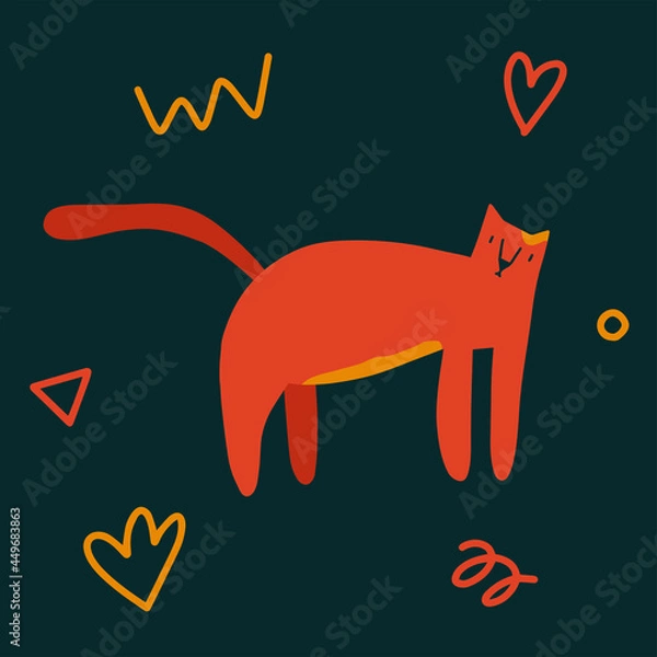 Fototapeta Cute original trendy cat walking with abstract elements around. Vector illustration isolated on dark background in modern style. Perfect for cards, posters, print